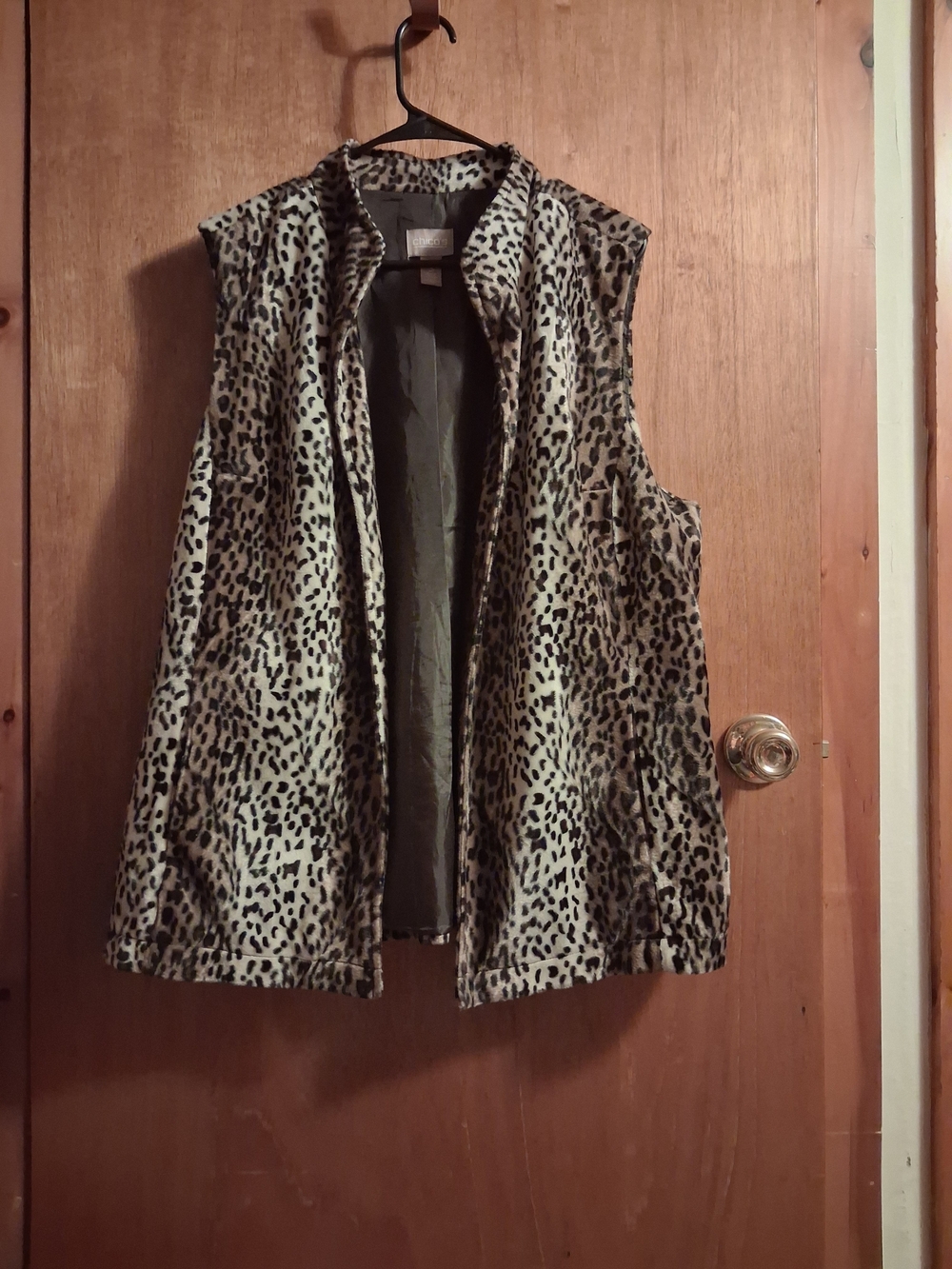 Chico's Leopard Print Faux Fur Open Front Vest in Black and Cream